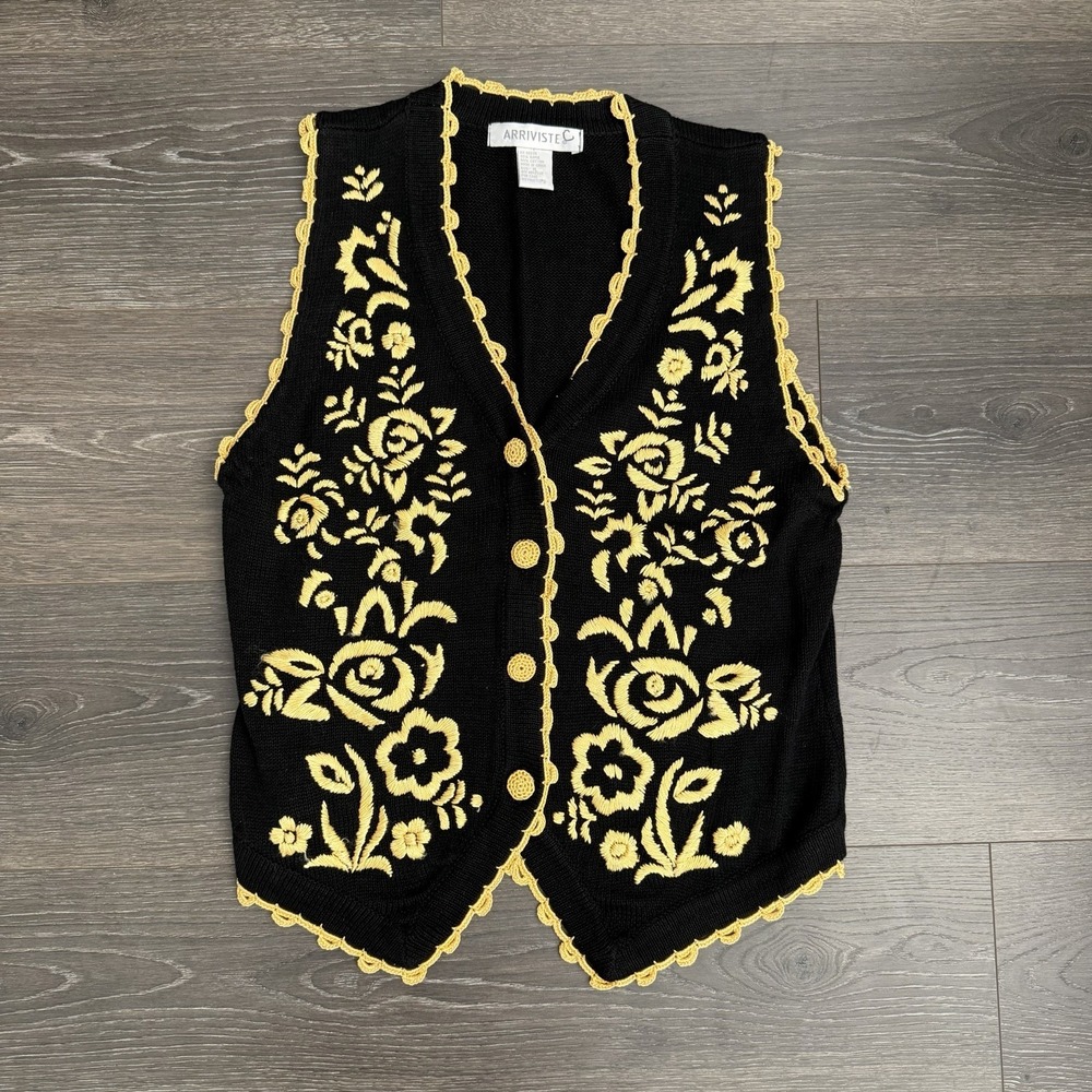 Arriviste Black Gold‎ Embroidered Sweater Vest M 90s Vtg Boho Coquette Folk Art